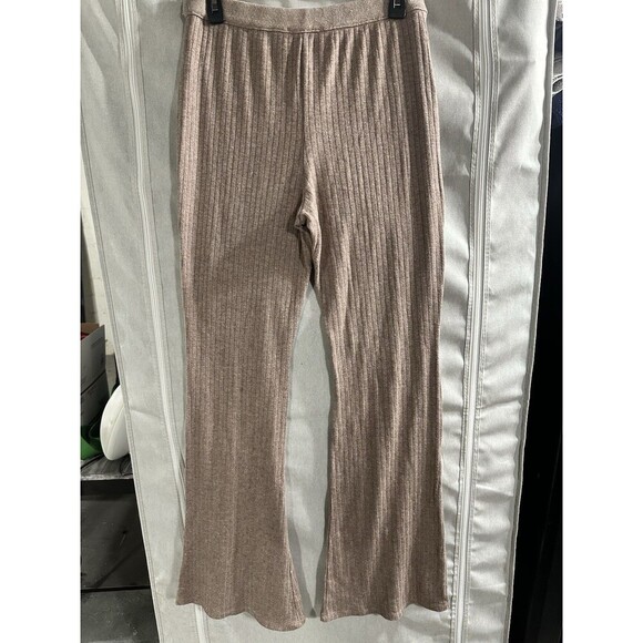 Zara Flared Ribbed Leggings High Rise Medium Elastic Waist Stretch Beige Tan L - Picture 6 of 7